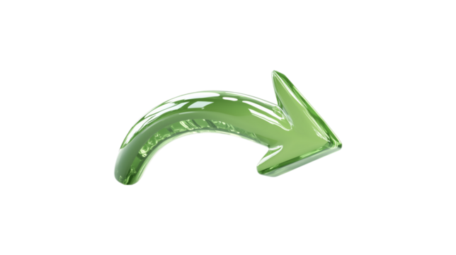 A green arrow pointing down. The arrow is made of glass and is very shiny. It is on a trasparent background	