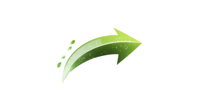 A green arrow pointing down. The arrow is made of glass and is very shiny. It is on a trasparent background	
