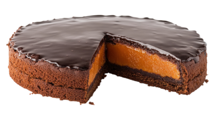 Delicious chocolate cake with a rich caramel filling, freshly sliced and ready to serve at a dessert table.