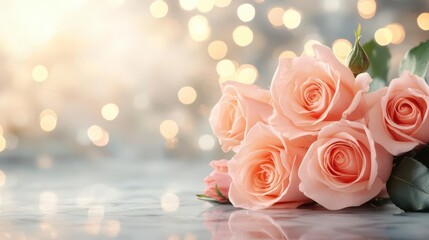 Delicate peach roses, a soft bouquet, radiant glow, romantic charm.  