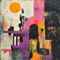 Fototapeta premium Abstract Art with Bold Colors Featuring Geometric Shapes, Circular Sun and Dynamic Textures in Contemporary Style for Modern Interiors and Creative Projects