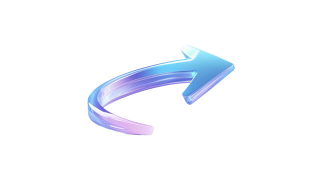 A blue arrow pointing down. The arrow is made of glass and is very shiny. It is on a trasparent background	