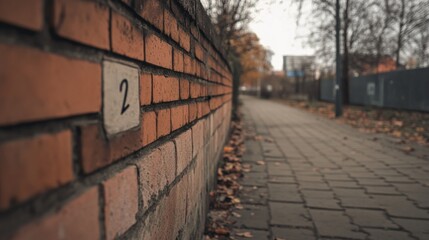 Brick wall with number two, autumn leaves on path.