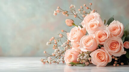 Obraz premium Delicate peach roses, a breathtaking bouquet, soft pastel hues. Romantic floral arrangement.