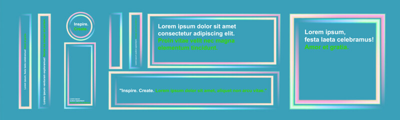 Fototapeta premium Abstract neon frame composition with multicolored glowing outlines on dark gradient background. Stylized text placeholders with vibrant typography and social media-inspired design elements. 