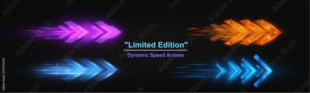 Poster light and speed dynamic glowing arrows on dark background, futuristic design with vibrant colors and