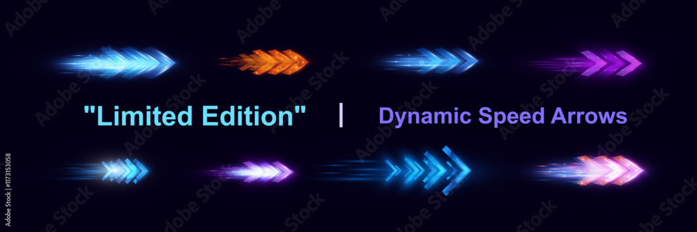 Poster light and speed dynamic glowing arrows on dark background, futuristic design with vibrant colors and