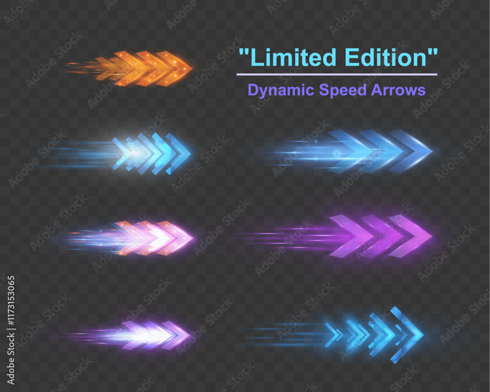 Poster Light and speed dynamic glowing arrows on dark background, futuristic design with vibrant colors and motion effects, suitable for technology, progress, or direction concepts.
