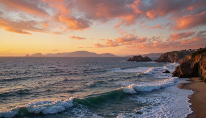 Obraz premium Serene ocean waves at sunset, nature's beauty