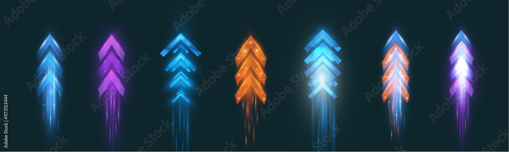 Poster Light and speed dynamic glowing arrows on dark background, futuristic design with vibrant colors and motion effects, suitable for technology, progress, or direction concepts.

