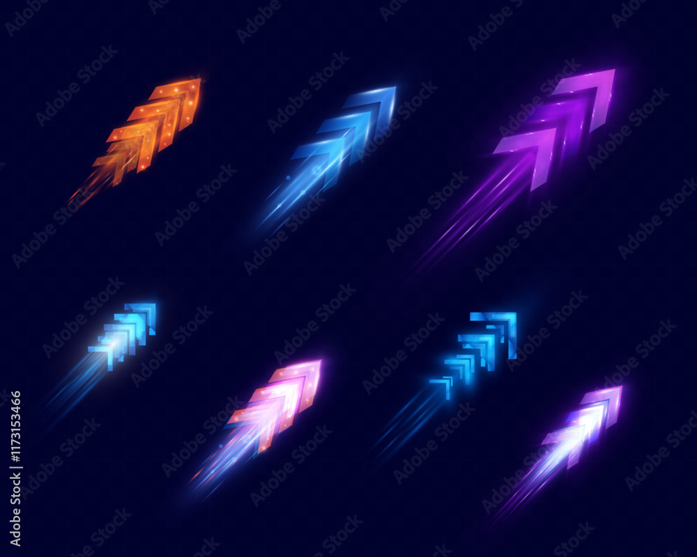 Poster Light and speed dynamic glowing arrows on dark background, futuristic design with vibrant colors and motion effects, suitable for technology, progress, or direction concepts.
