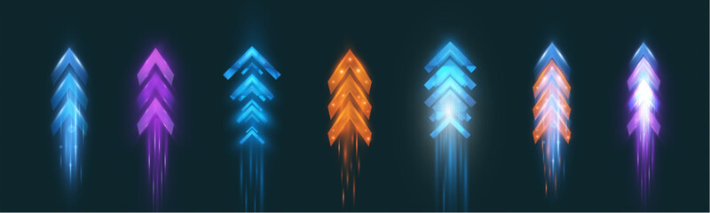 Light and speed dynamic glowing arrows on dark background, futuristic design with vibrant colors and motion effects, suitable for technology, progress, or direction concepts.

