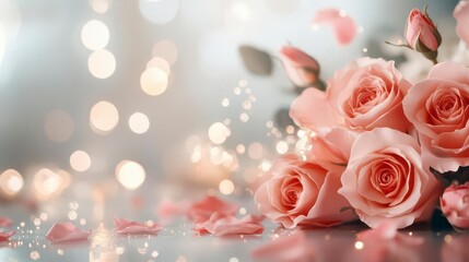 Delicate peach roses bloom, petals scattered, soft glow background. Romantic!