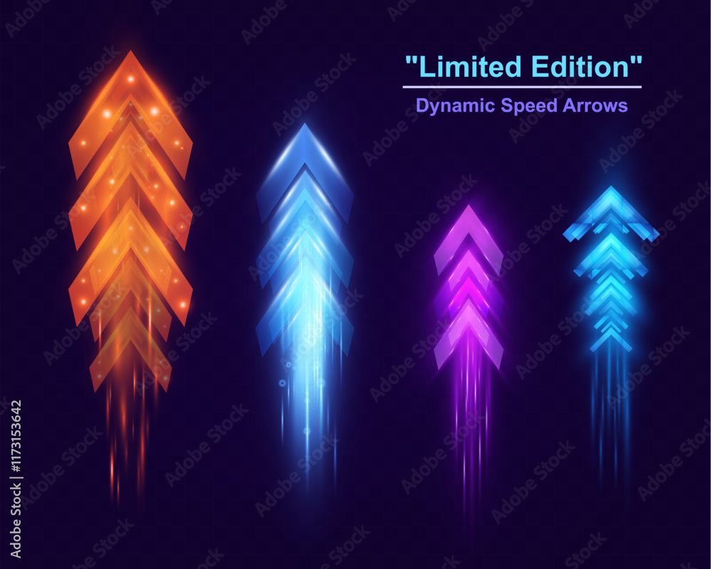 Poster light and speed dynamic glowing arrows on dark background, futuristic design with vibrant colors and