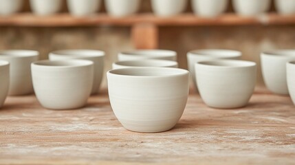 Rows of unpainted ceramic cups on a wooden table in a pottery workshop.