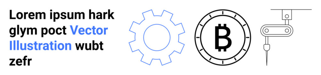 Gear outline, Bitcoin symbol within a coin frame, and a robotic arm in simple line art. Ideal for technology, industry, cryptocurrency, automation, future tech, business, engineering. Landing page