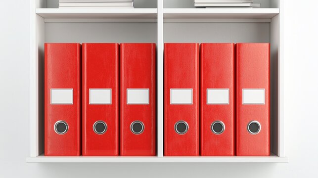 Red office binders neatly organized on a white shelf.