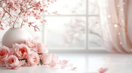 Delicate pink roses & blossoms near a bright window, serene spring scene.