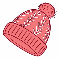 Cozy Winter Knit Beanie Hat with Pom Pom, Red and White, Vector Illustration