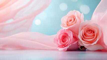 Delicate pink roses nestled on soft fabric, a gentle breeze, serenity.