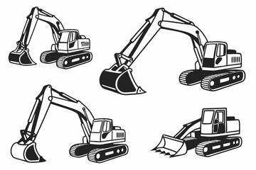 Excavator Machines: Construction Equipment Set, Black and White Vector Illustration