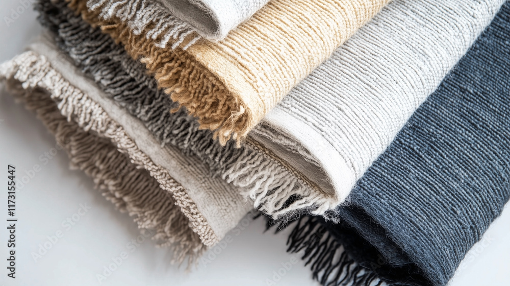 Poster a stack of different colored blankets with fringes