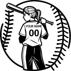 Girl Softball Player Back View, Baseball Bat, Vector Illustration