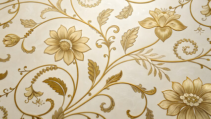 An intricate hand-drawn golden floral background featuring delicate flowers and leaves with swirling vines in an ornate pattern