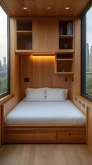 Built-in wooden bed with storage and shelving in a modern room with large windows offering city views.