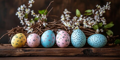 Fototapeta premium Hand-Painted Easter Eggs with Spring Blossoms