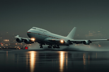 Obraz premium Realistic photograph of an airplane taking off from the airport runway, The background is dark and gloomy. 