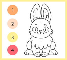Color by numbers coloring book for kids with cute ginger rabbit. Coloring page with cartoon bunny with an example for coloring. Black and white and color versions. Vector illustration.
