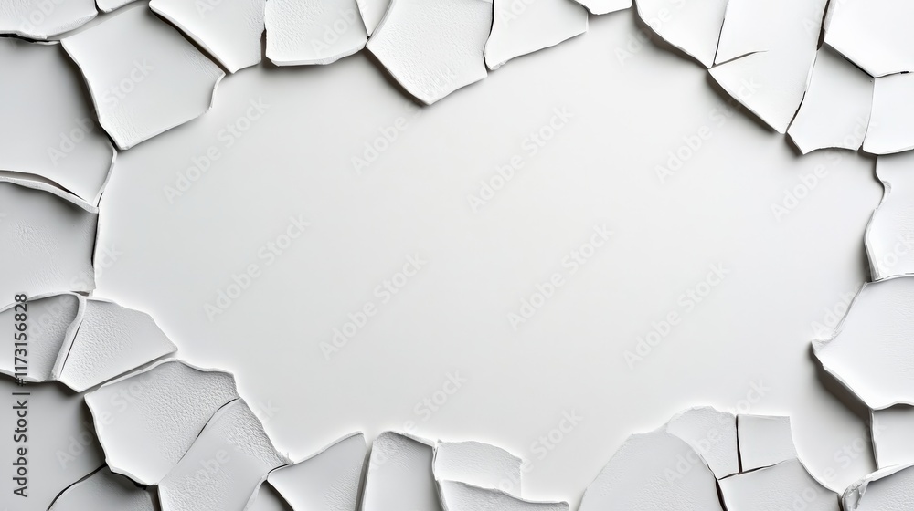 Poster cracked frame abstract: a minimalist composition featuring a frame of cracked, textured white paint,