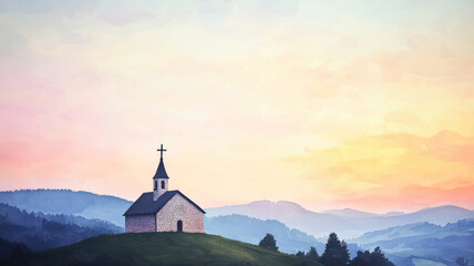 Fototapeta premium A serene watercolor of an old stone church on a hill at sunset, with a cross silhouetted against the sky and rolling hills in the distance, evoking peace and spiritual reflection.