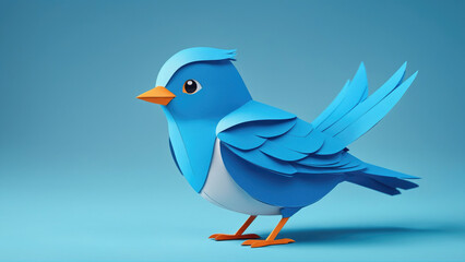 Colorful paper bird crafted in blue shades sits against a vibrant blue background with a playful expression