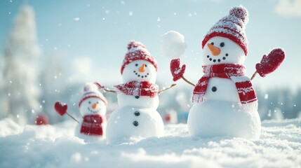 Cheerful Snowmen Playing in Winter Snow