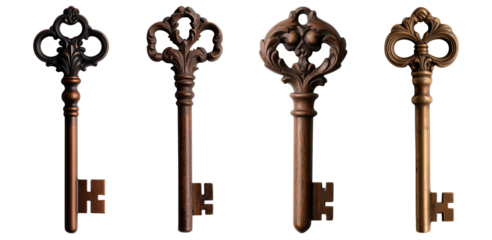 A skeleton bronze antique vintage key, brass simple key isolated on a transparent background