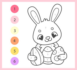 Color by numbers coloring book for kids with cute pink rabbit with Easter eggs. Coloring page with cartoon bunny. Vector illustration.