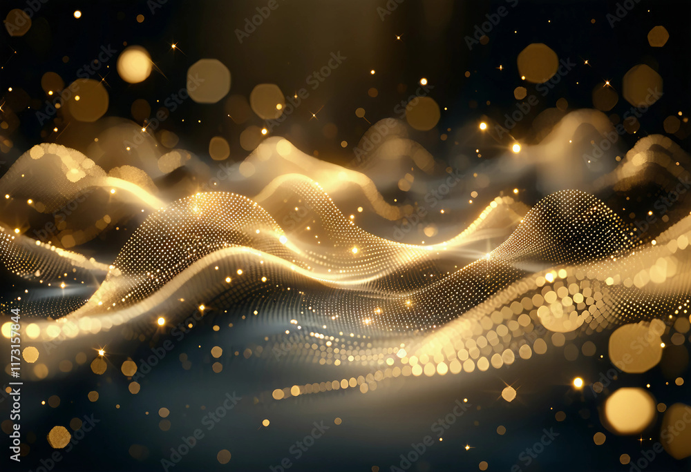 Poster digital gold particles wave and light abstract background with shining dots stars