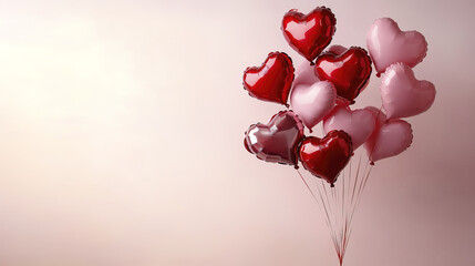 cluster of red and pink heart shaped balloons floating joyfully