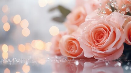Dew-kissed pink roses reflect, a soft, romantic scene.