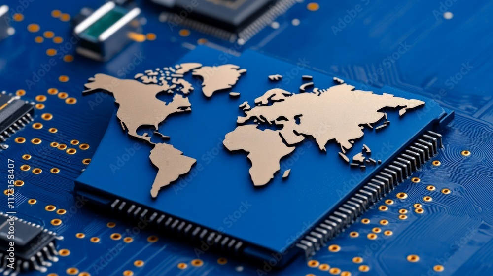 Poster global connectivity: a world map etched onto a microchip, symbolizing the interconnectedness of our 
