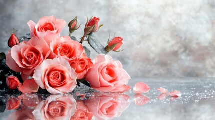 Dew-kissed pink roses reflect serenity; a tranquil scene.