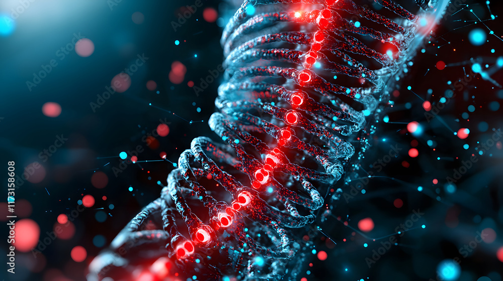 Poster a vibrant, abstract representation of dna with glowing strands and particles, showcasing the complex