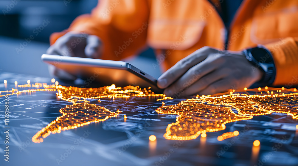 Poster a person in an orange jacket uses a smartphone to interact with a glowing map, showcasing digital ge