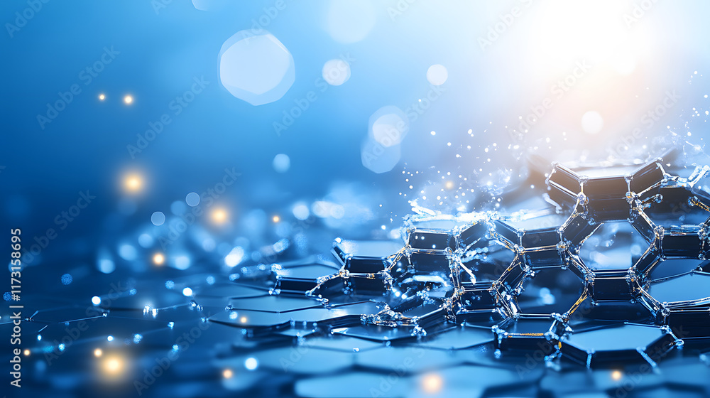 Aufkleber A shimmering blue background with hexagonal structures and sparkling light effects, creating a modern and technological ambiance