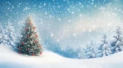 Obraz premium A snowy landscape featuring a decorated Christmas tree.