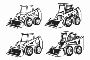Four Black and White Skid Steer Loader Illustrations
