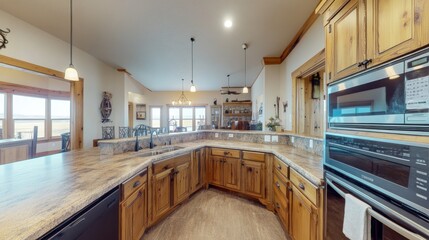 A spacious kitchen with wooden cabinetry and modern appliances, featuring a large countertop.
