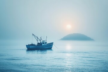 Fototapeta premium Misty Morning Sunrise with Fishing Boat at Sea